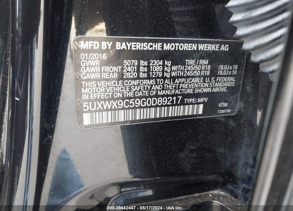 2016 BMW X3 XDRIVE28I VIN: 5UXWX9C59G0D89217