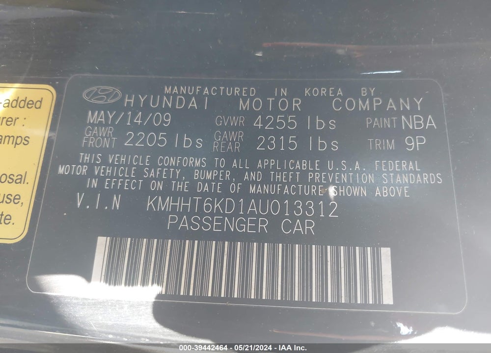 2010 HYUNDAI GENESIS 2.0T TRACK VIN: KMHHT6KD1AU013312