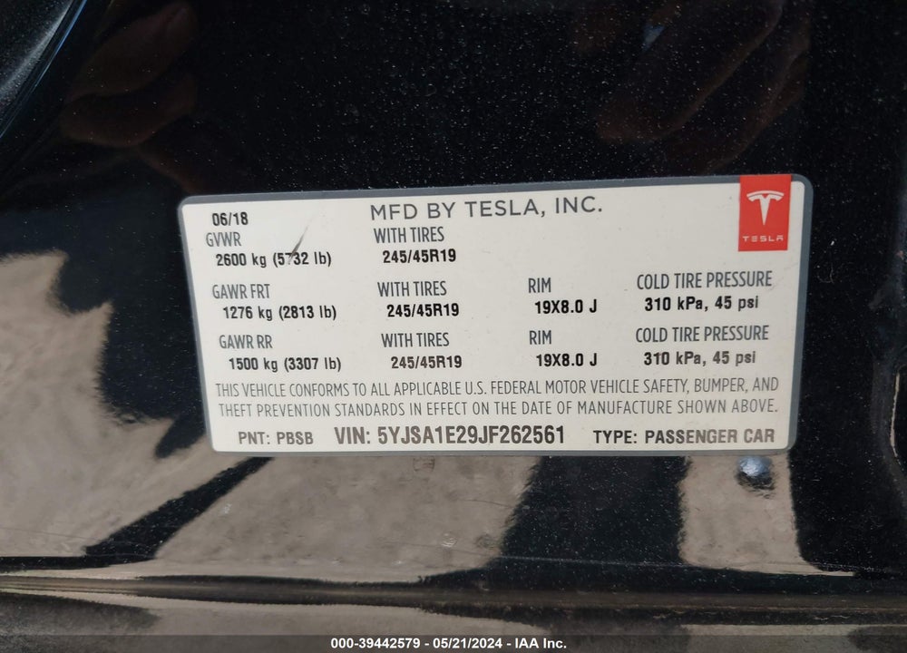 2018 TESLA MODEL S 100D/75D/P100D VIN: 5YJSA1E29JF262561