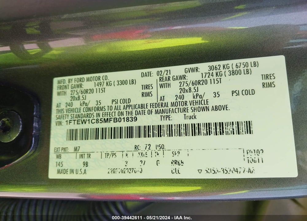 2021 FORD F-150 PLATINUM VIN: 1FTEW1C85MFB01839