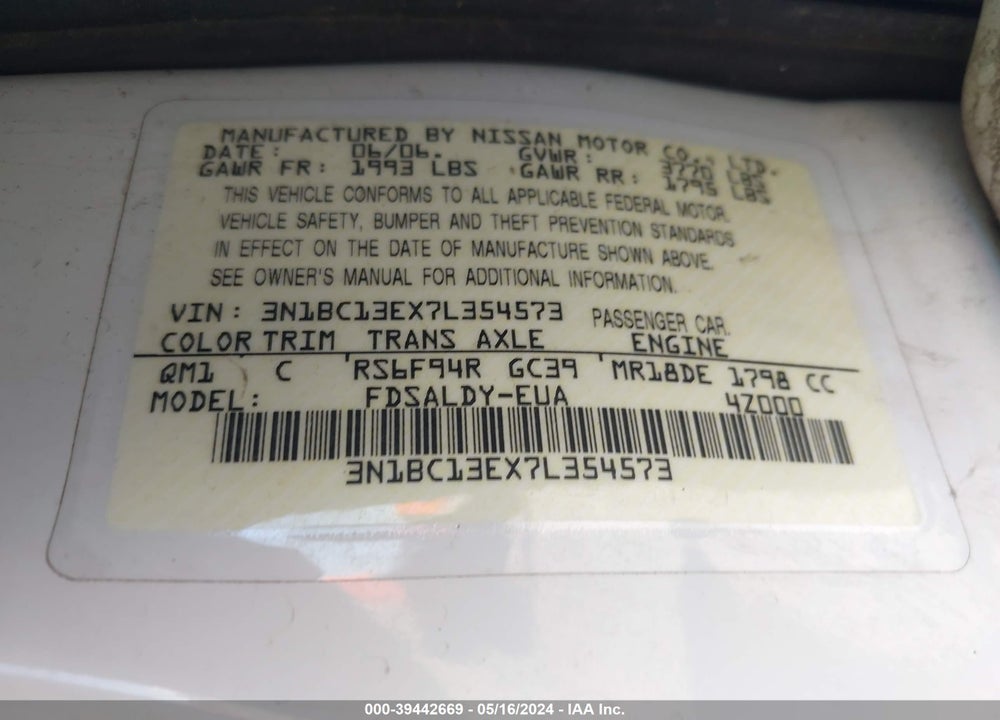 2007 NISSAN VERSA 1.8S VIN: 3N1BC13EX7L354573