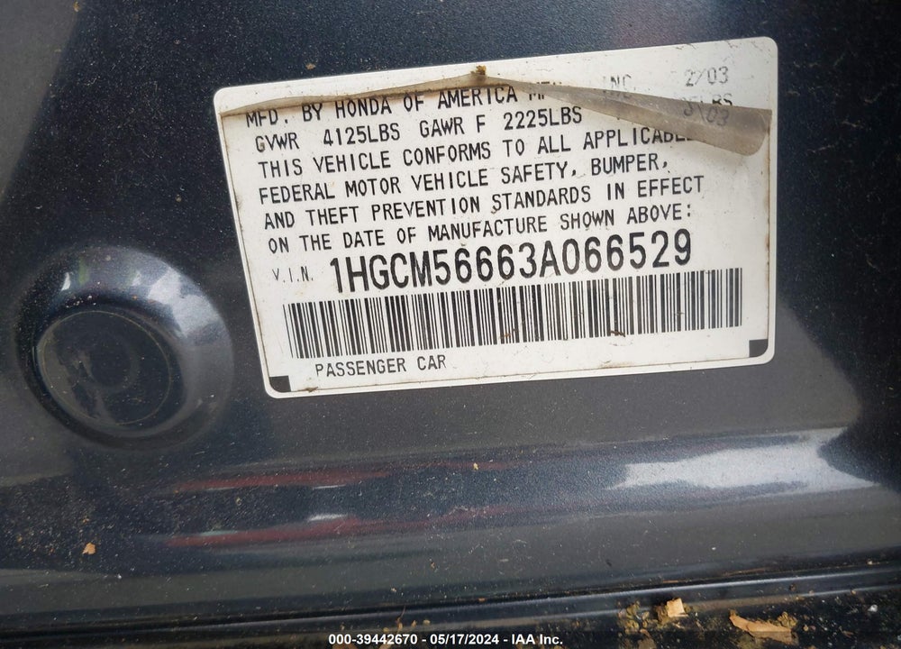 2003 HONDA ACCORD 2.4 EX VIN: 1HGCM56663A066529