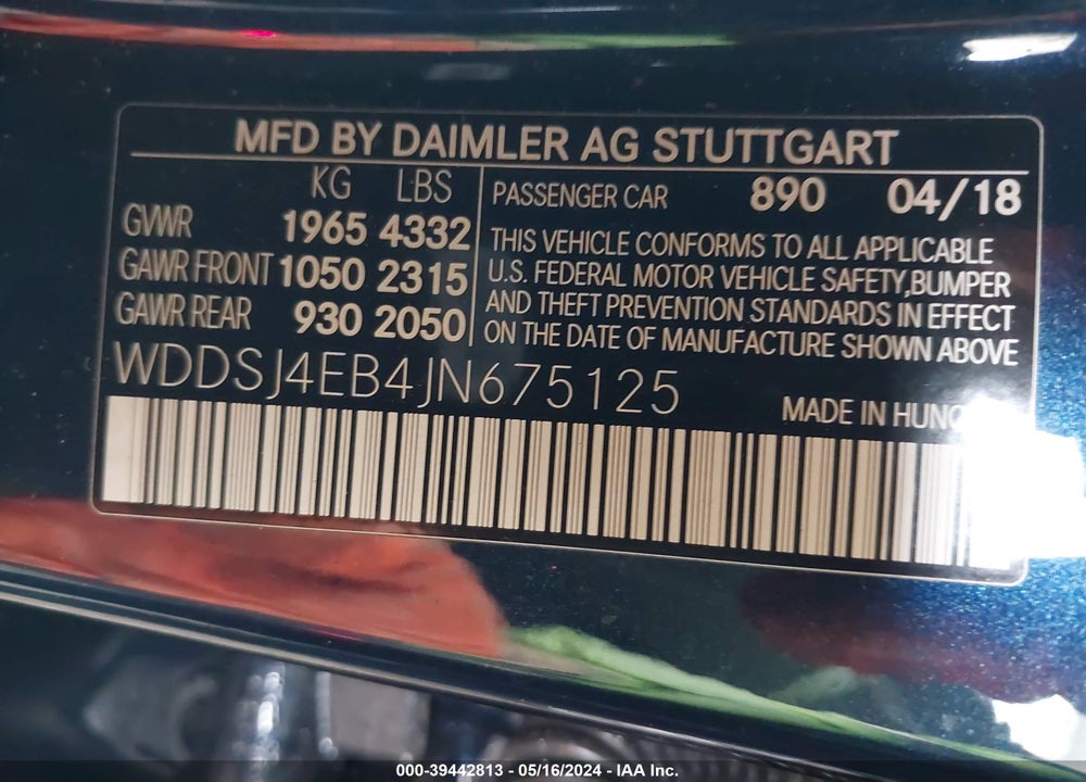 2018 MERCEDES-BENZ CLA 250 VIN: WDDSJ4EB4JN675125
