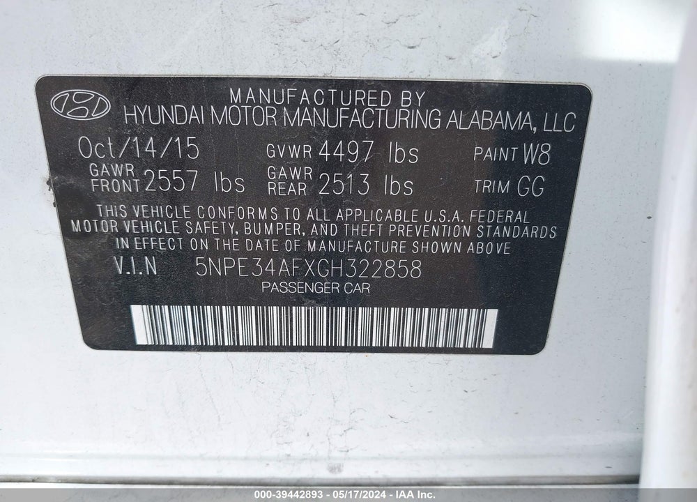 2016 HYUNDAI SONATA SPORT VIN: 5NPE34AFXGH322858