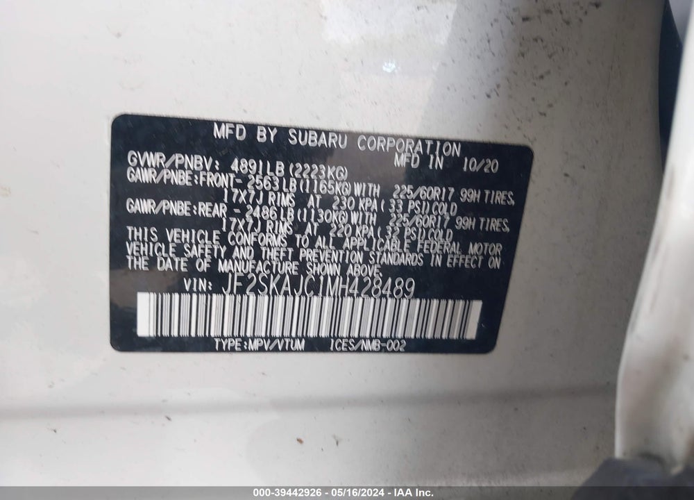 2021 SUBARU FORESTER PREMIUM VIN: JF2SKAJC1MH428489