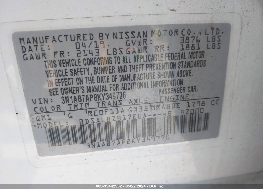 2019 NISSAN SENTRA S VIN: 3N1AB7AP8KY349776
