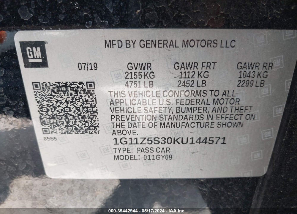 2019 CHEVROLET IMPALA LT VIN: 1G11Z5S30KU144571