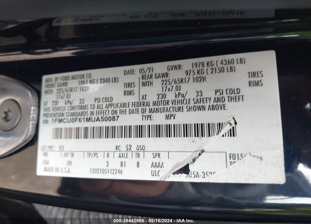 2021 FORD ESCAPE S VIN: 1FMCU0F61MUA50087
