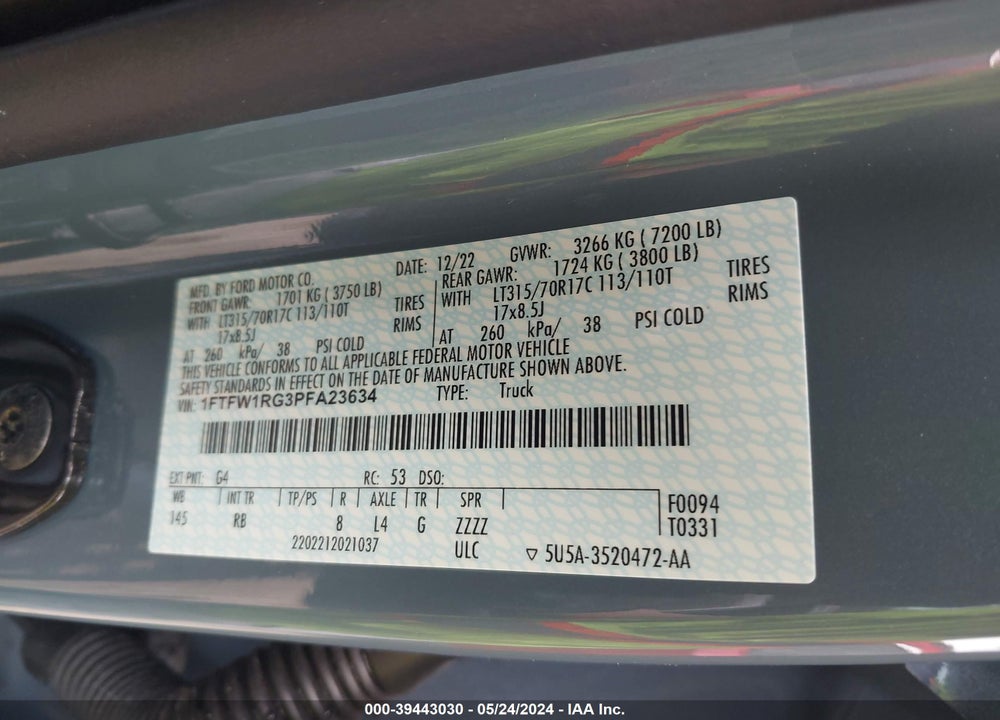 2023 FORD F-150 RAPTOR VIN: 1FTFW1RG3PFA23634