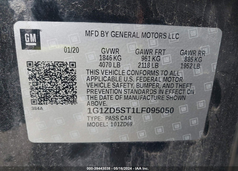 2020 CHEVROLET MALIBU FWD LT VIN: 1G1ZD5ST1LF095050