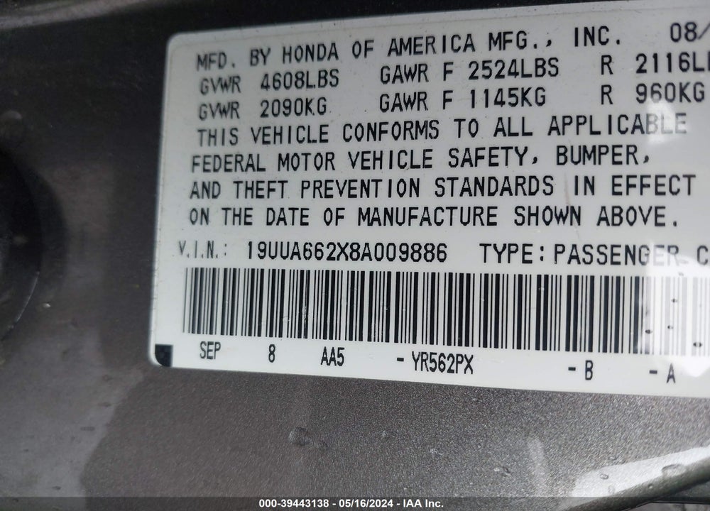 2008 ACURA TL 3.2 VIN: 19UUA662X8A009886