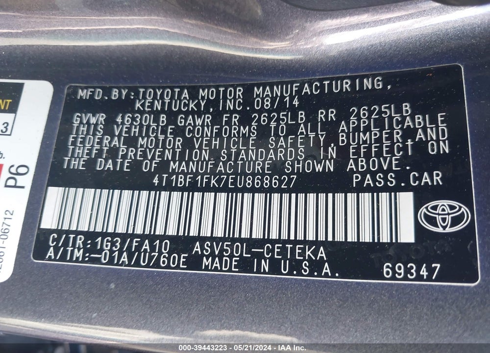 2014 TOYOTA CAMRY L VIN: 4T1BF1FK7EU868627