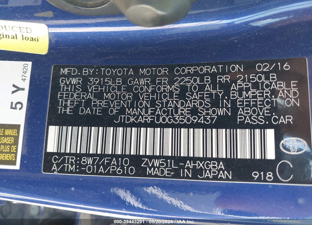 2016 TOYOTA PRIUS THREE VIN: JTDKARFU0G3509437