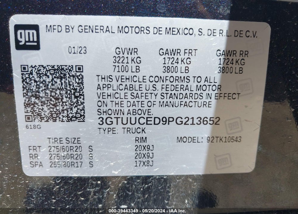 2023 GMC SIERRA 1500 ELEVATION VIN: 3GTUUCED9PG213652
