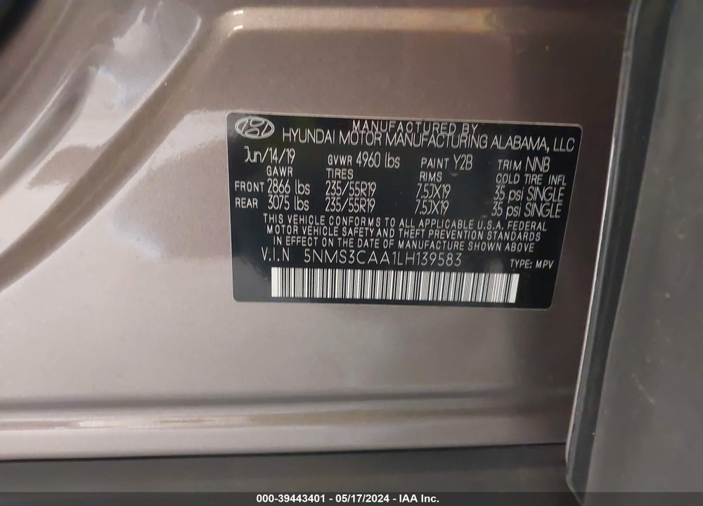 2020 HYUNDAI SANTA FE SEL 2.0T VIN: 5NMS3CAA1LH139583