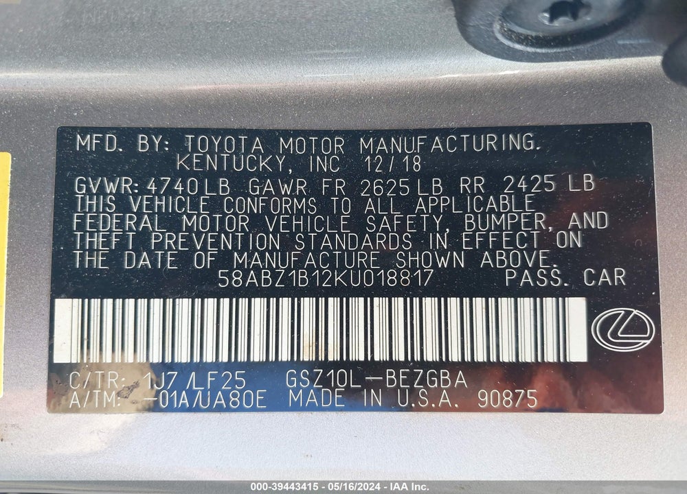 2019 LEXUS ES 350 F-SPORT VIN: 58ABZ1B12KU018817