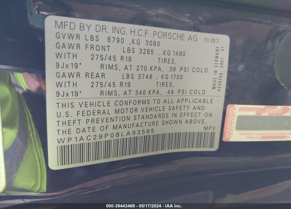 2008 PORSCHE CAYENNE TURBO VIN: WP1AC29P08LA93585