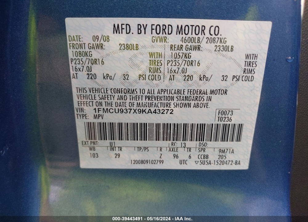 2009 FORD ESCAPE XLT VIN: 1FMCU937X9KA43272