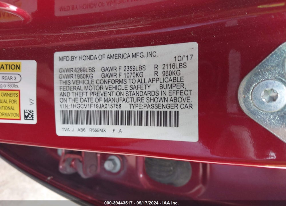 2018 HONDA ACCORD LX VIN: 1HGCV1F19JA015758