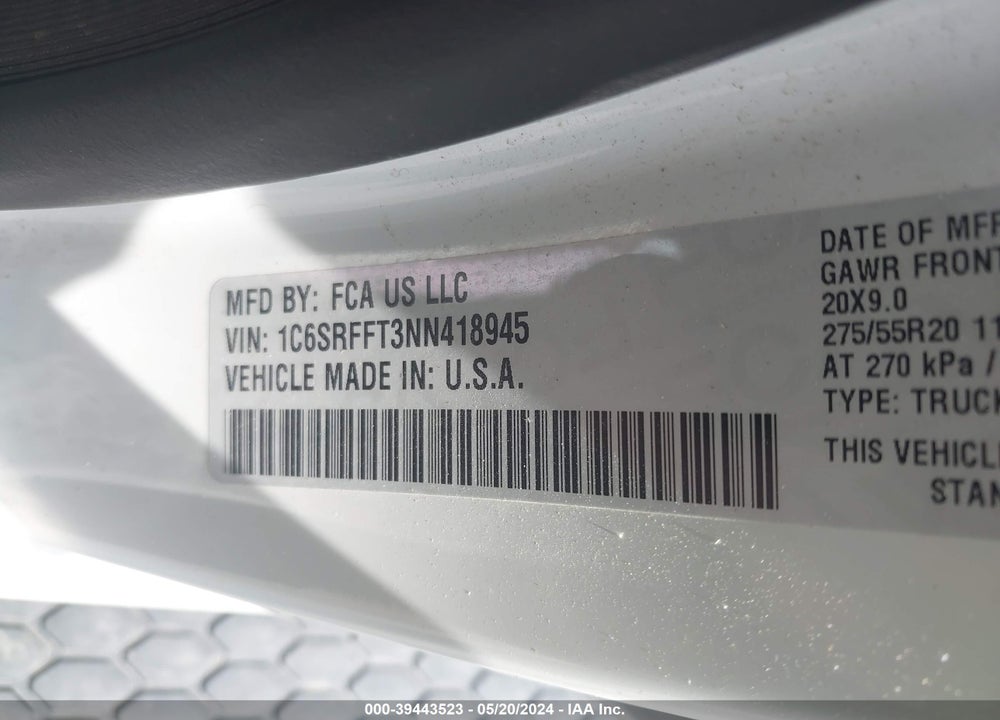2022 RAM 1500 BIG HORN 4X4 5'7 BOX VIN: 1C6SRFFT3NN418945