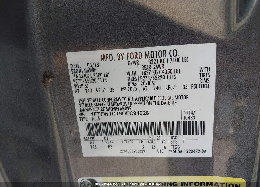 2013 FORD F-150 LARIAT VIN: 1FTFW1CT9DFC91928