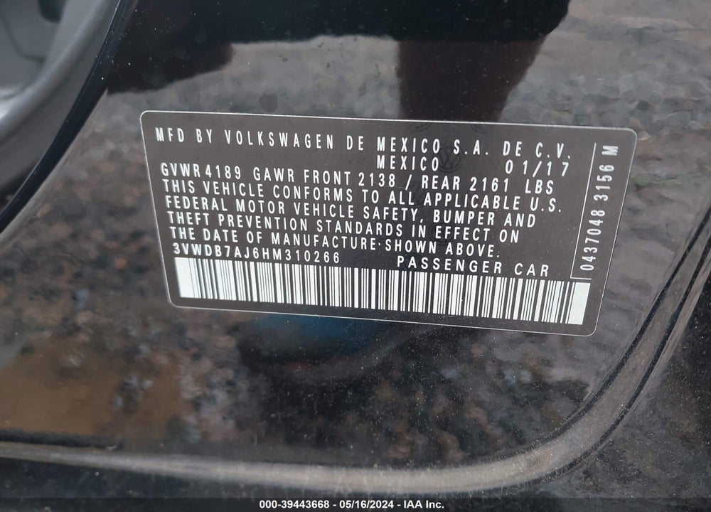 2017 VOLKSWAGEN JETTA 1.4T SE VIN: 3VWDB7AJ6HM310266