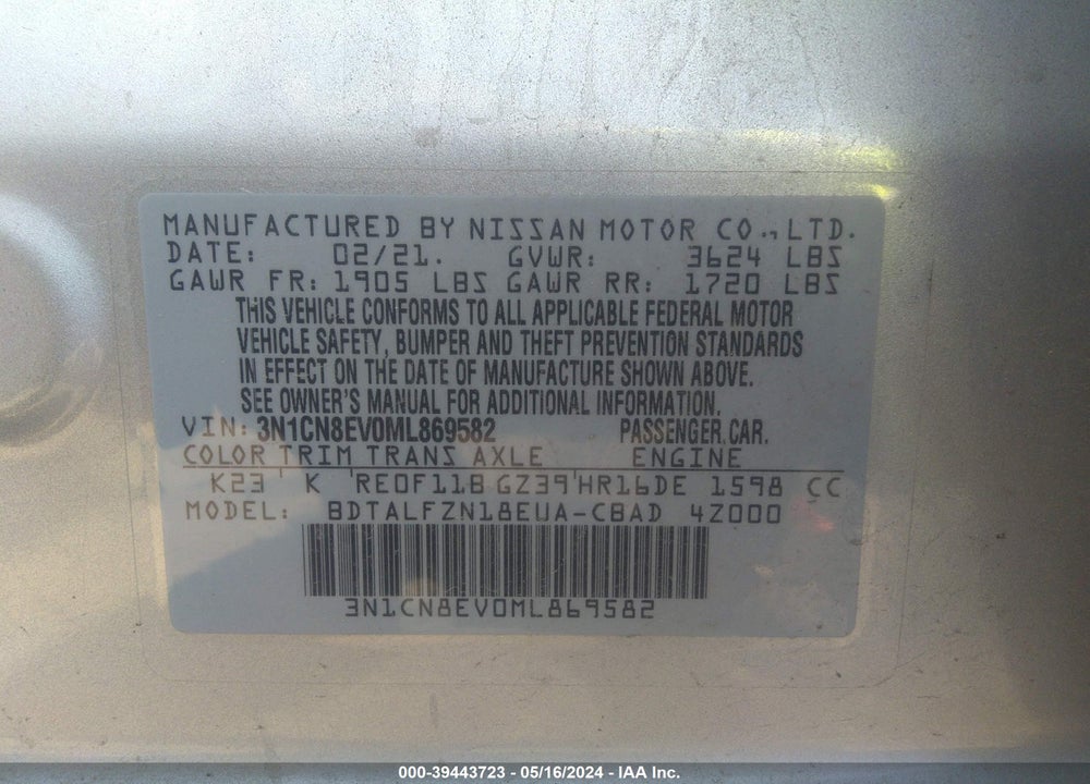 2021 NISSAN VERSA SV XTRONIC CVT VIN: 3N1CN8EV0ML869582