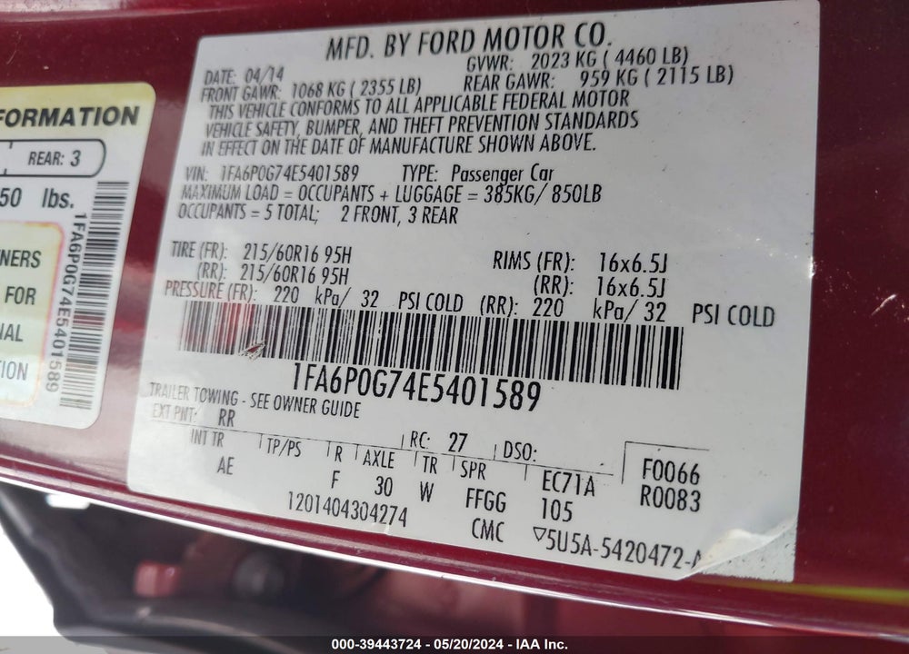 2014 FORD FUSION S VIN: 1FA6P0G74E5401589