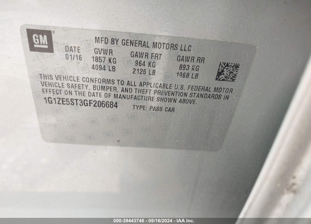 2016 CHEVROLET MALIBU 1LT VIN: 1G1ZE5ST3GF206684
