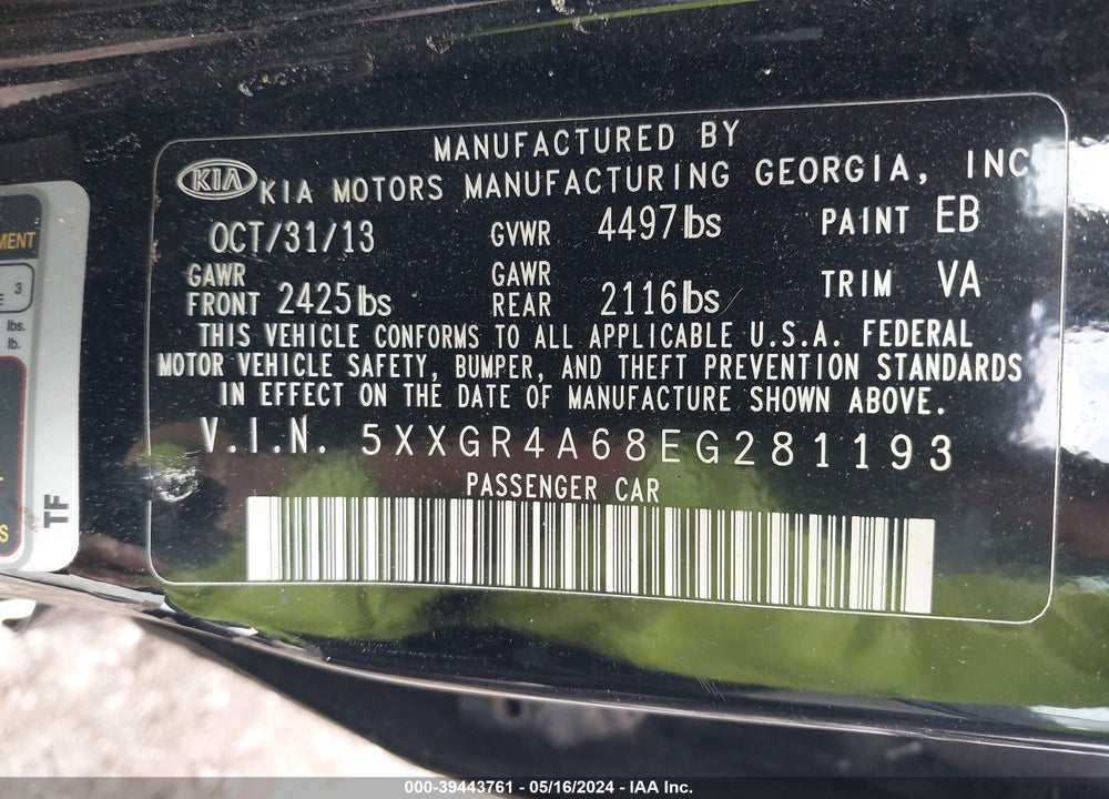 2014 KIA OPTIMA SXL TURBO VIN: 5XXGR4A68EG281193