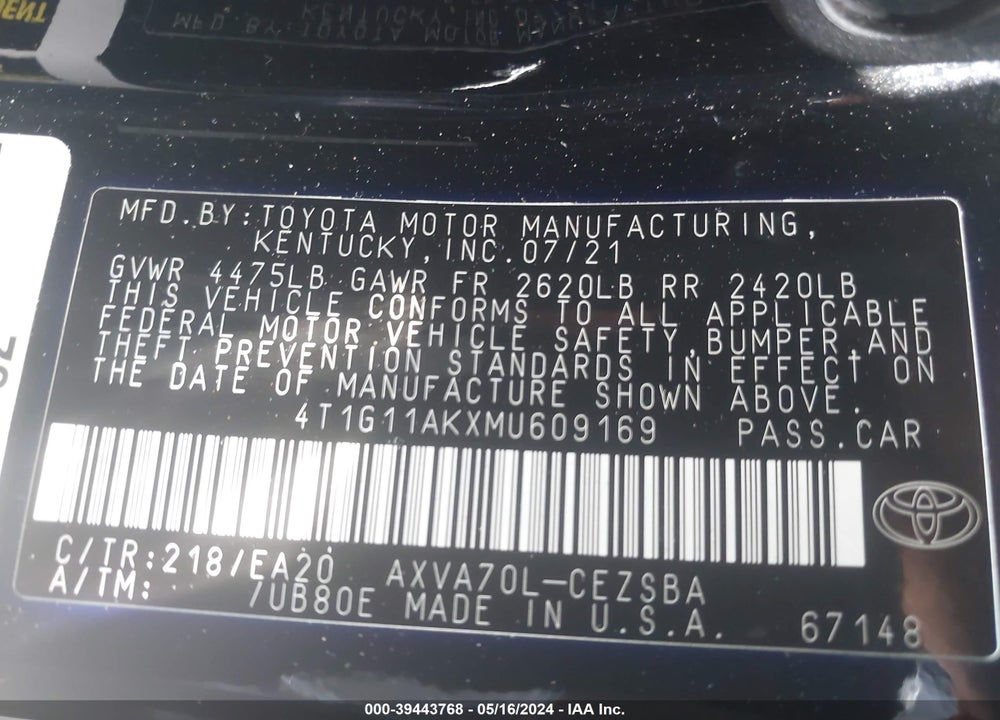 2021 TOYOTA CAMRY SE VIN: 4T1G11AKXMU609169