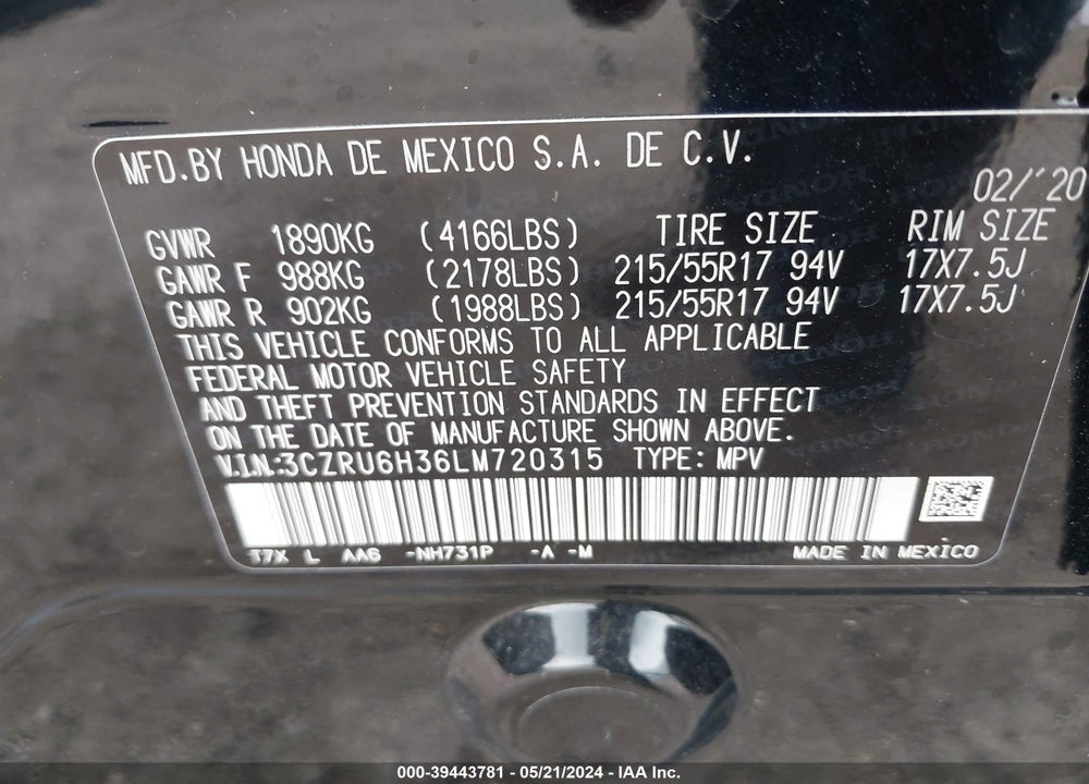 2020 HONDA HR-V AWD LX VIN: 3CZRU6H36LM720315
