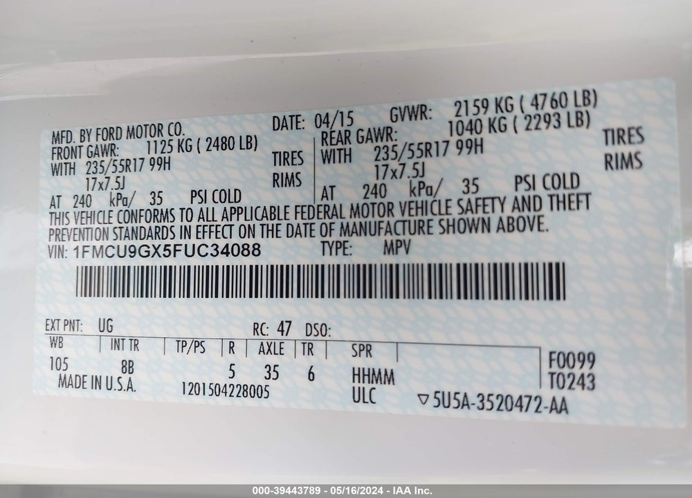 2015 FORD ESCAPE SE VIN: 1FMCU9GX5FUC34088