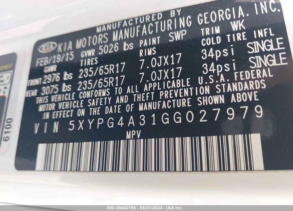 2016 KIA SORENTO 2.4L LX VIN: 5XYPG4A31GG027979
