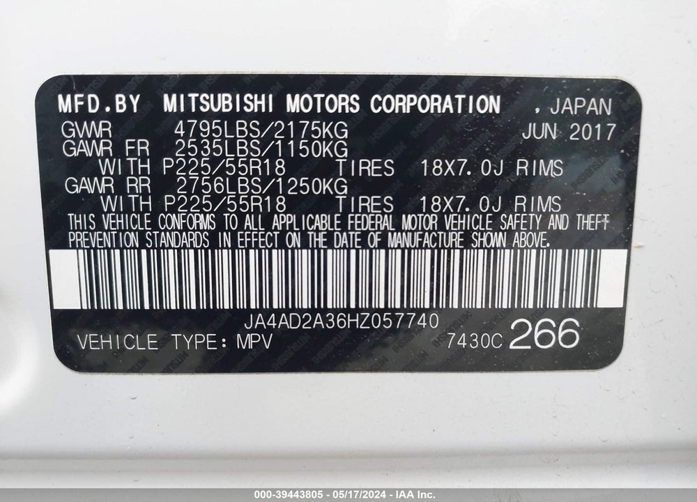 2017 MITSUBISHI OUTLANDER VIN: JA4AD2A36HZ057740