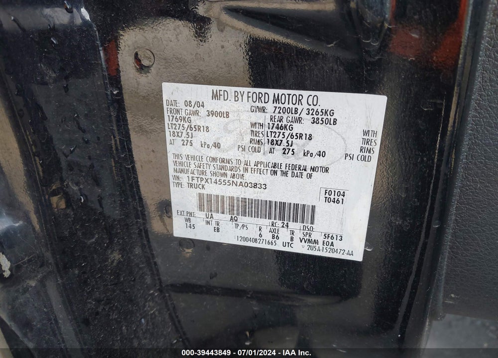 2005 FORD F-150 FX4/LARIAT/XL/XLT VIN: 1FTPX14555NA03833