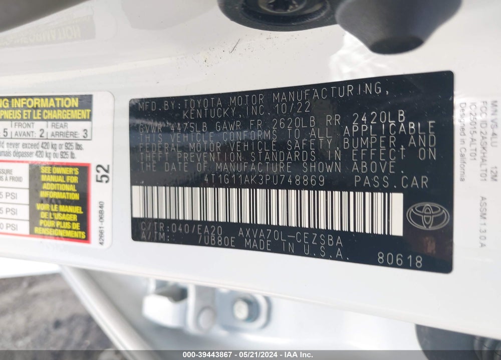 2023 TOYOTA CAMRY SE VIN: 4T1G11AK3PU748869