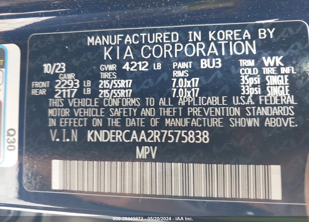 2024 KIA SELTOS EX VIN: KNDERCAA2R7575838