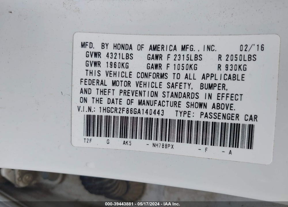 2016 HONDA ACCORD EX-L VIN: 1HGCR2F86GA140443
