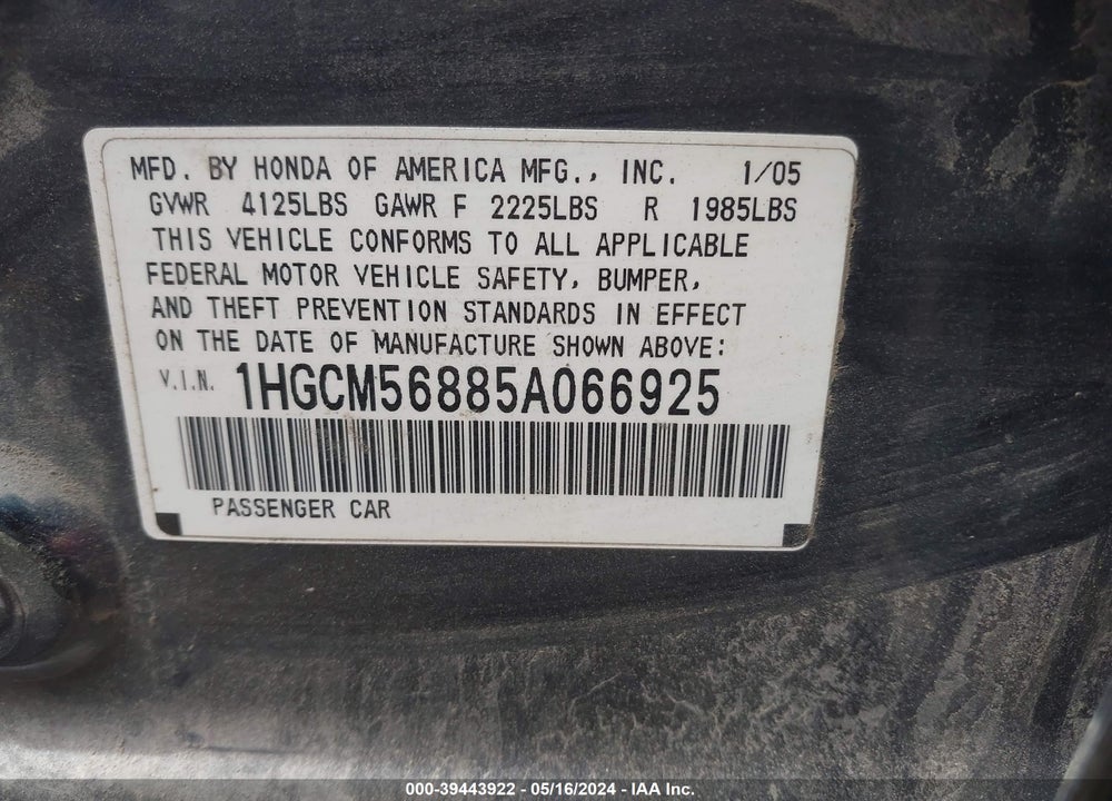 2005 HONDA ACCORD 2.4 EX VIN: 1HGCM56885A066925