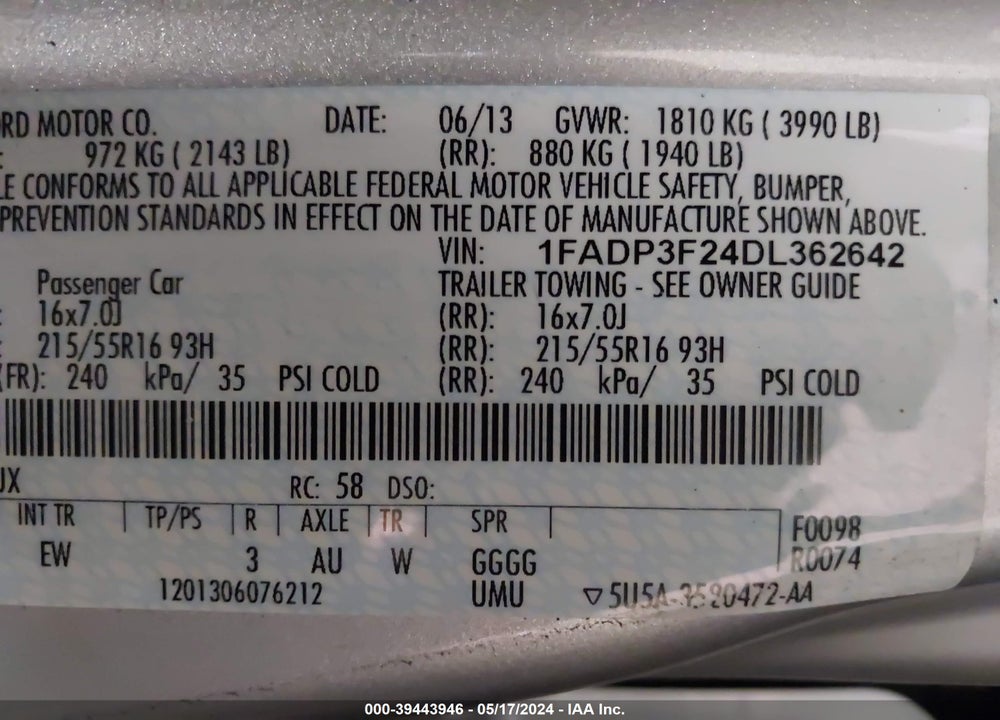 2013 FORD FOCUS SE VIN: 1FADP3F24DL362642