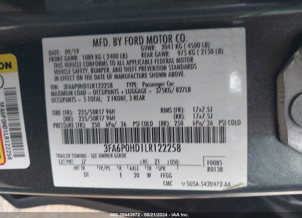 2020 FORD FUSION SE VIN: 3FA6P0HD1LR122258