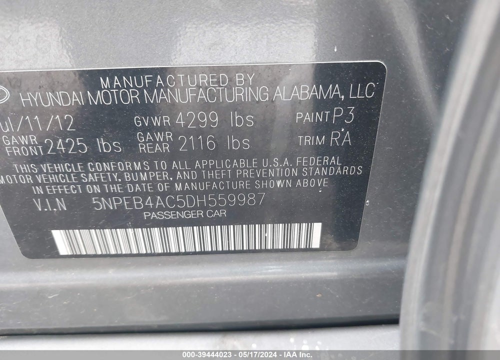 2013 HYUNDAI SONATA GLS VIN: 5NPEB4AC5DH559987