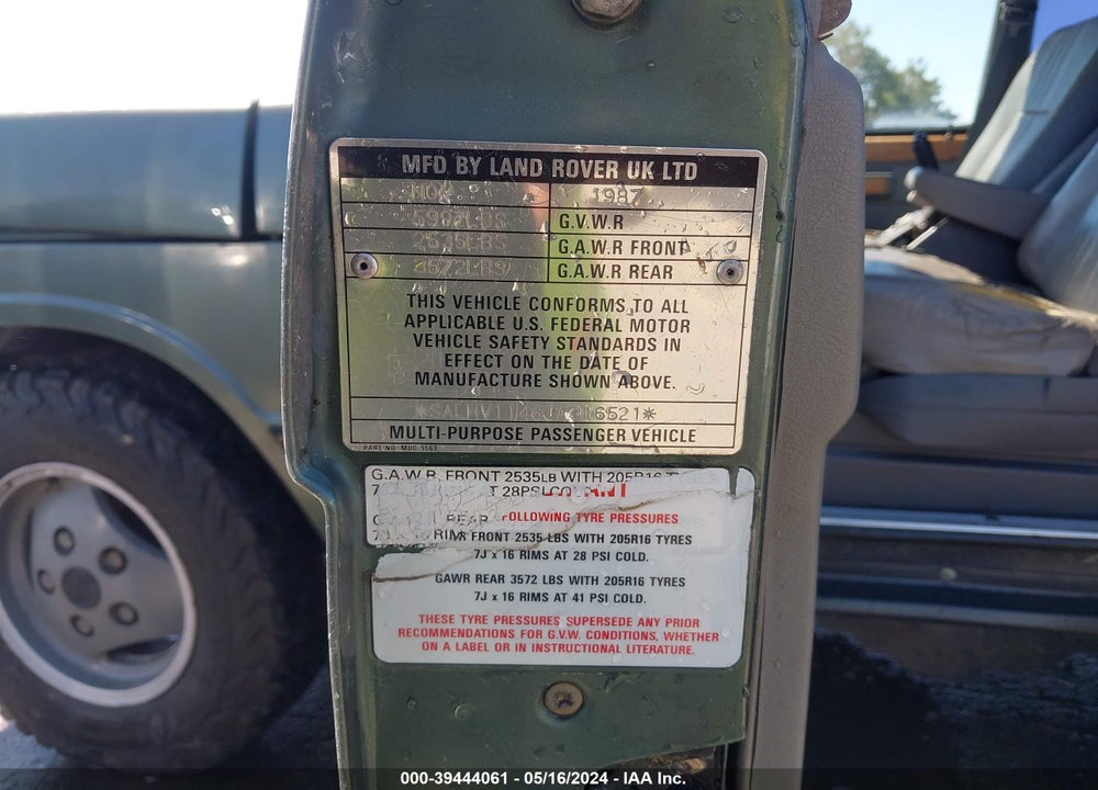 1988 LAND ROVER RANGE ROVER VIN: SALHV1146JA316521