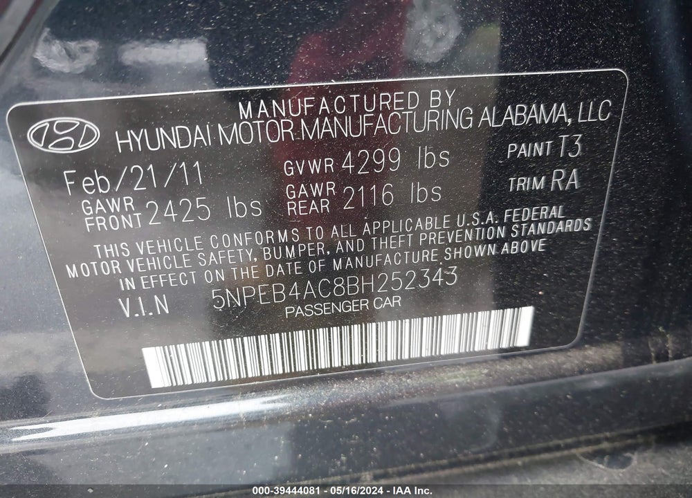 2011 HYUNDAI SONATA GLS VIN: 5NPEB4AC8BH252343