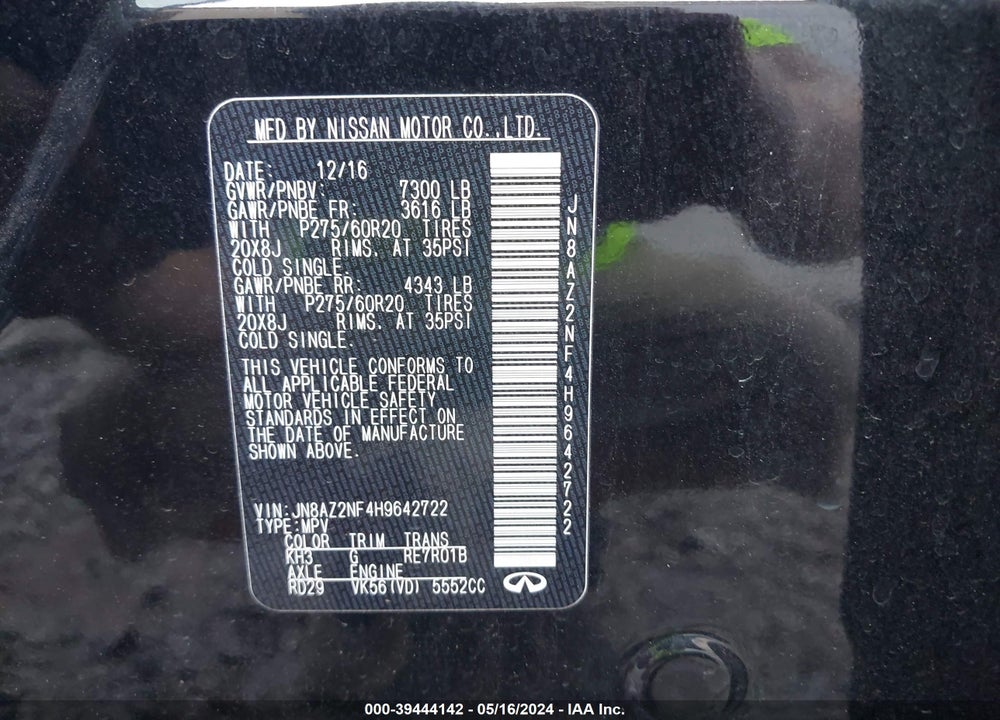 2017 INFINITI QX80 VIN: JN8AZ2NF4H9642722