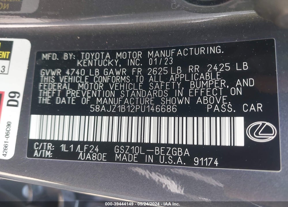 2023 LEXUS ES 350 F-SPORT HANDLING VIN: 58AJZ1B12PU146686