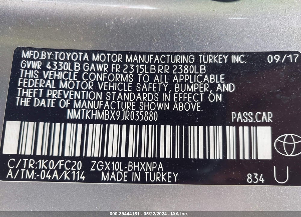 2018 TOYOTA C-HR XLE PREMIUM VIN: NMTKHMBX9JR035880
