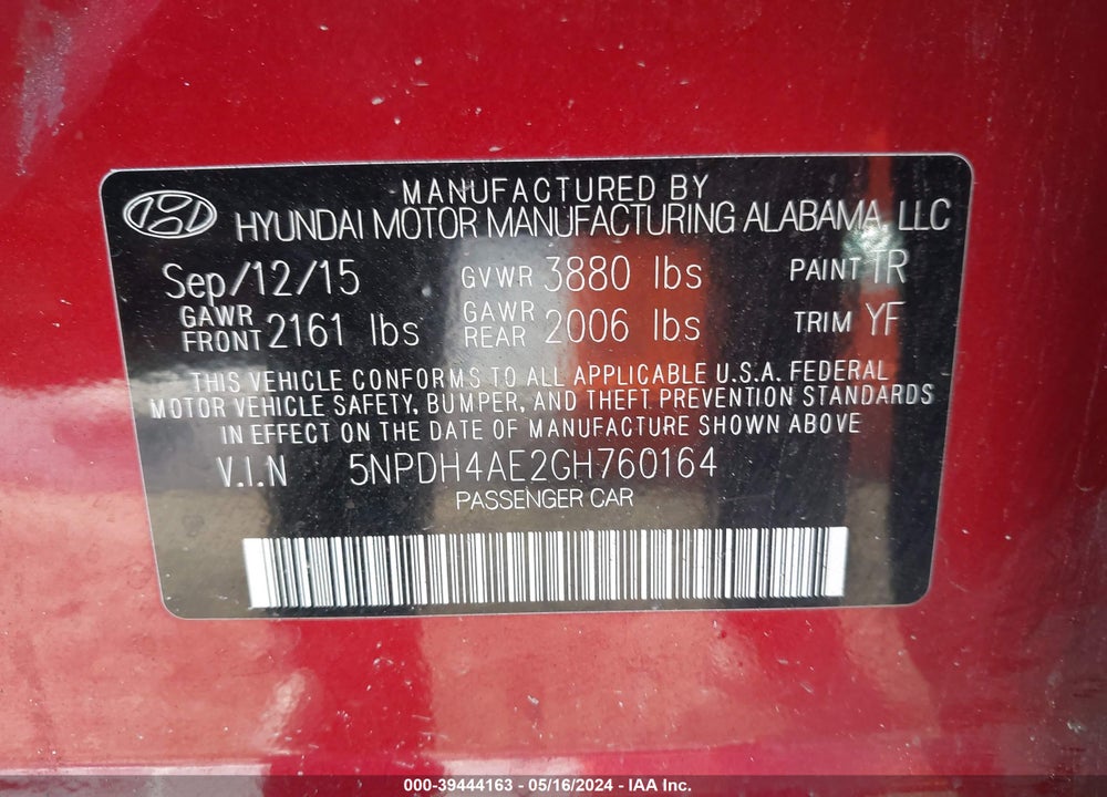 2016 HYUNDAI ELANTRA SE VIN: 5NPDH4AE2GH760164