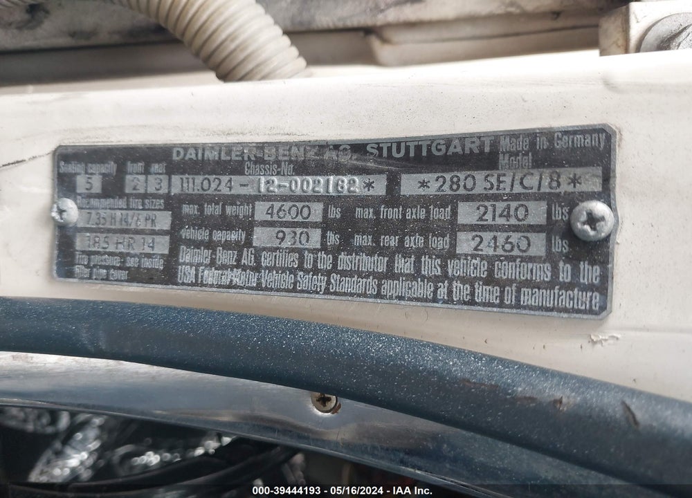 1969 MBNZ 280 SE COUPE VIN: 12002182